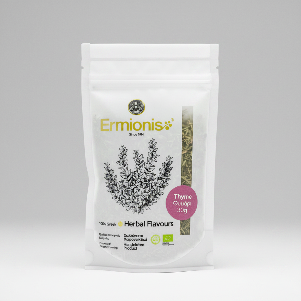 A white stand-up pouch of Ermionis Thyme herbs, featuring a black line drawing of a thyme plant and a pink circular label, set against a neutral gray background.