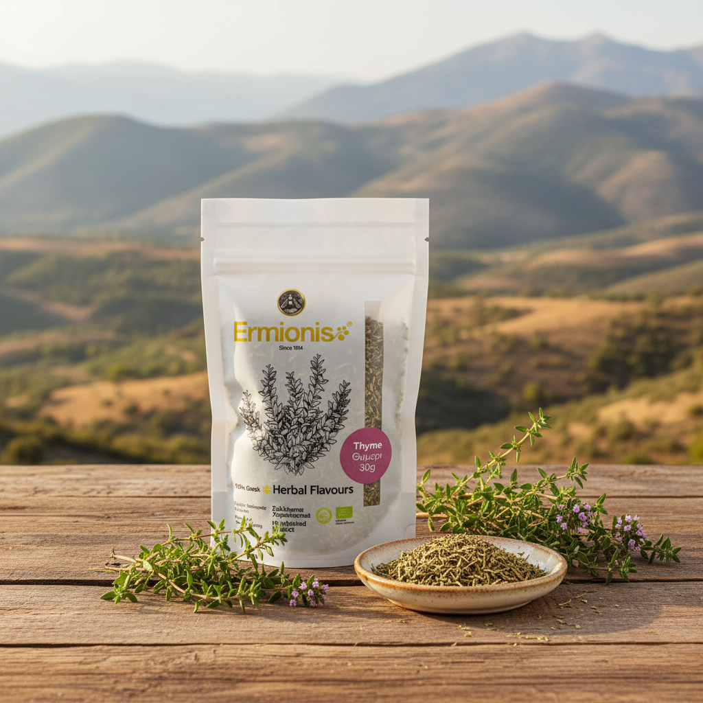 A stand-up pouch of Ermionis Thyme Herbs stands on a wooden table with dried thyme and a small dish in front, set against a blurred mountain landscape.