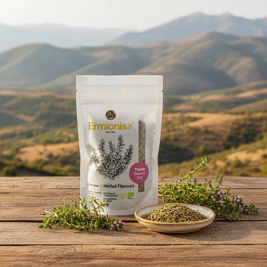 A stand-up pouch of Ermionis Thyme Herbs stands on a wooden table with dried thyme and a small dish in front, set against a blurred mountain landscape.