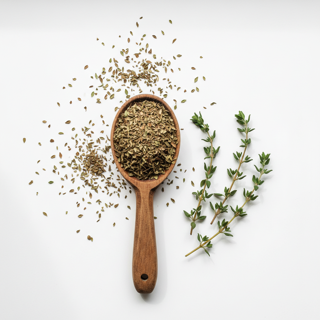 A wooden spoon filled with dried thyme herbs, with scattered herbs around it and two sprigs of fresh thyme on a clean white background.