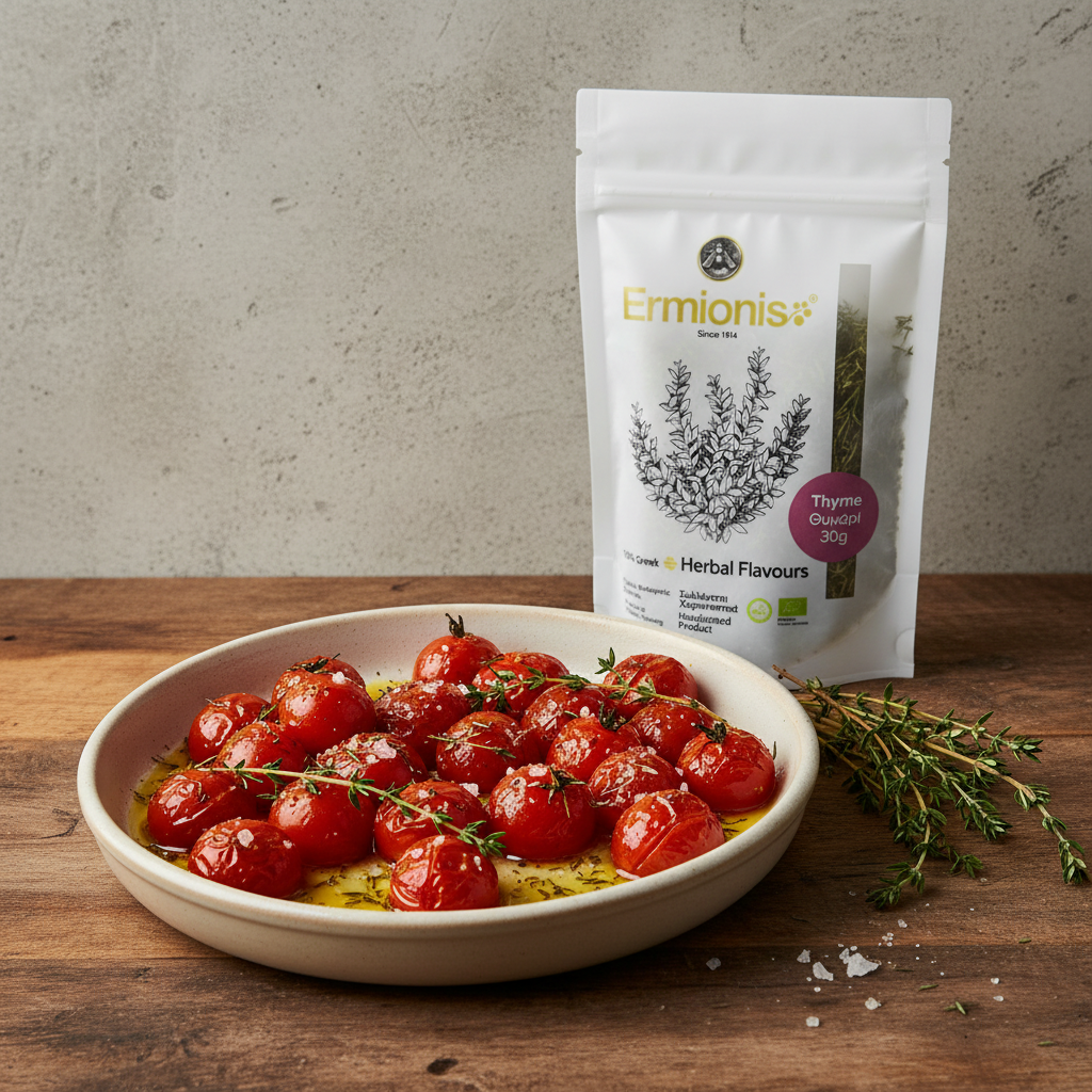 A white stand-up pouch of Ermonis Thyme Herbs stands behind a ceramic bowl of roasted cherry tomatoes on a wooden surface, with loose thyme sprigs and coarse salt in front.