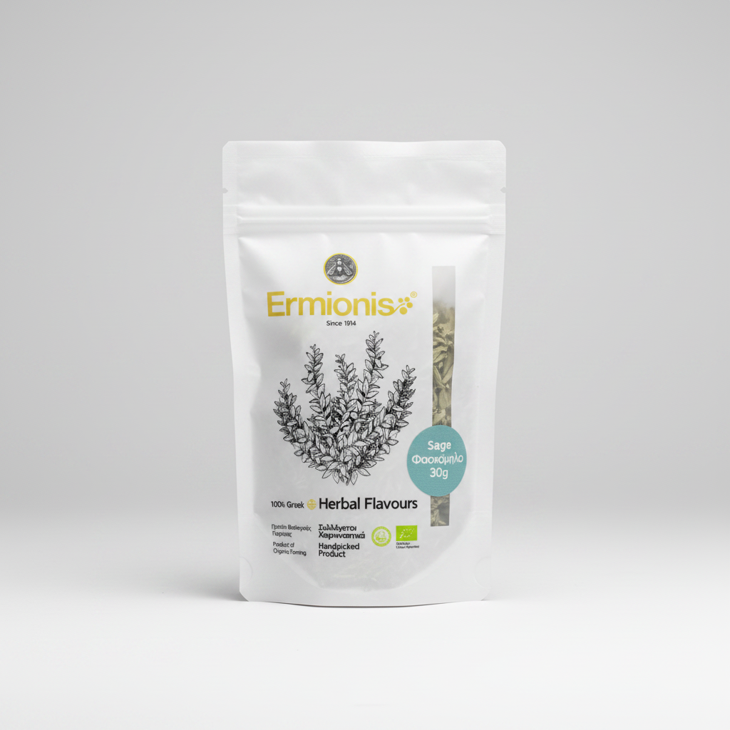 A white stand-up pouch of Ermionis Sage Herbs, 30g, featuring a black line drawing of a sage plant, a vertical window showing the dried green herbs inside, and a light blue circular badge.