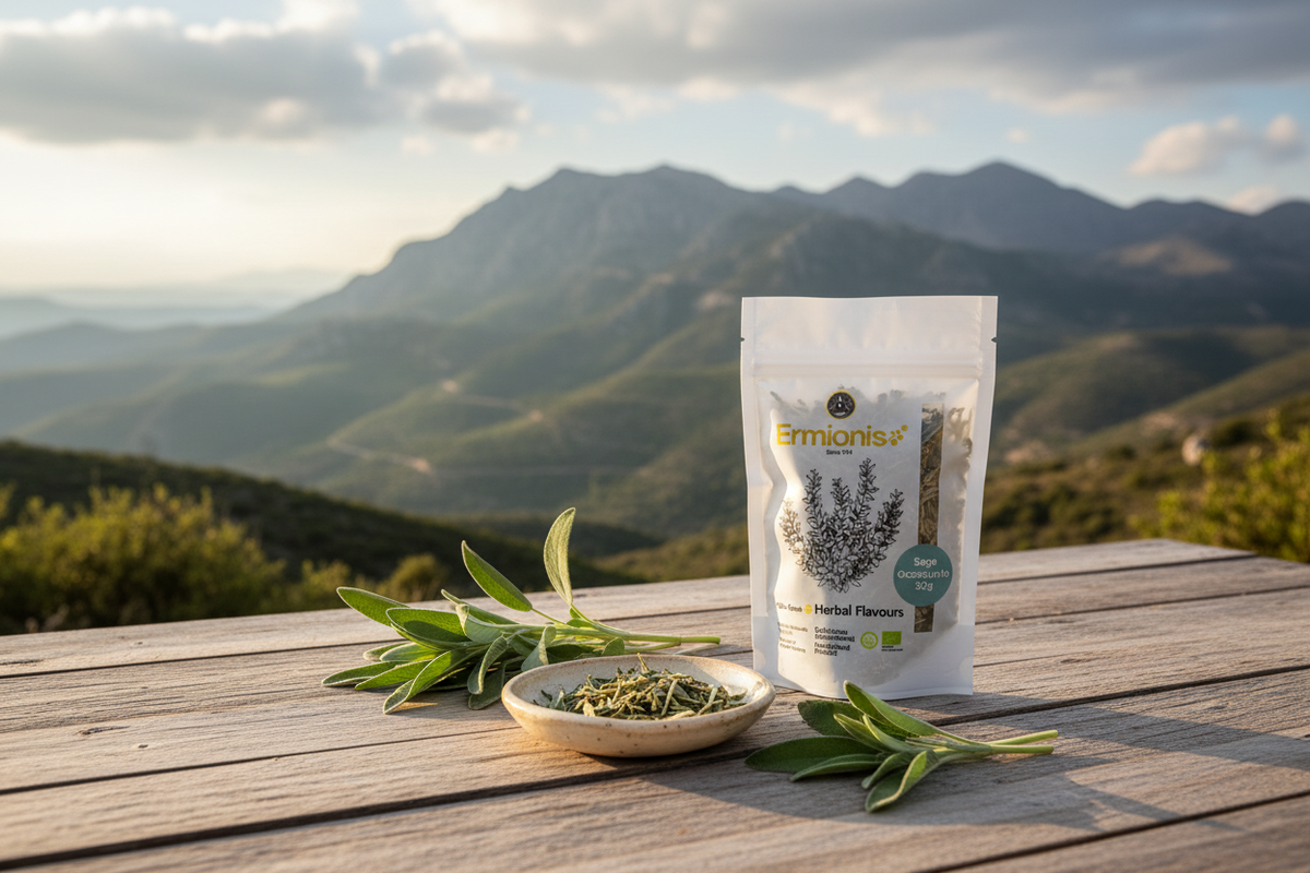 A stand-up pouch of Ermonies Organic Herbal Flavouring stands on a wooden table outdoors, with a small dish of dried herbs and several green herb sprigs in front of a scenic mountain landscape at sunset.