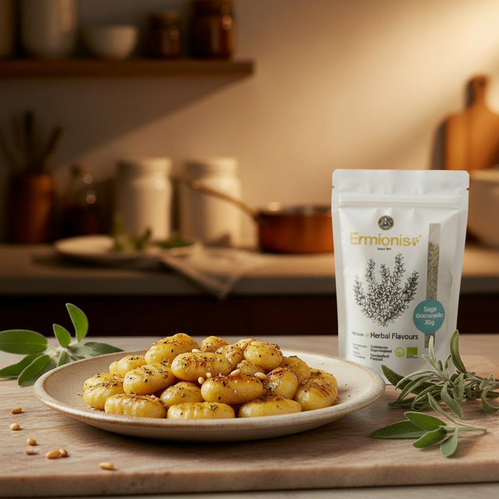 A white stand-up pouch of Ermionis Sage Herbs, 30g, next to a plate of cooked gnocchi topped with herbs and spices sits on a wooden board with sage and olive branches in a softly lit kitchen setting.