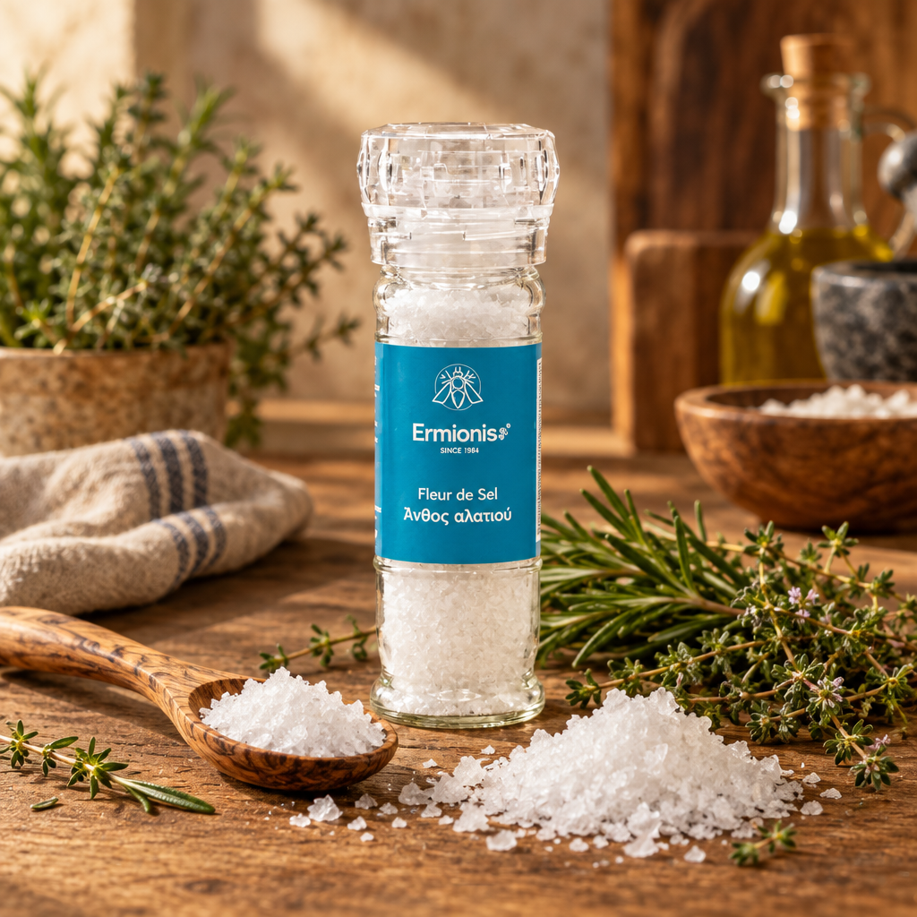 A clear glass bottle of Ermionis Fleur de Sel sea salt with a blue label, styled on a rustic wooden table with rosemary, thyme, a wooden spoon with salt, and bowls in the background.