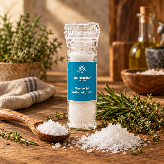 A clear glass bottle of Ermionis Fleur de Sel sea salt with a blue label, styled on a rustic wooden table with rosemary, thyme, a wooden spoon with salt, and bowls in the background.