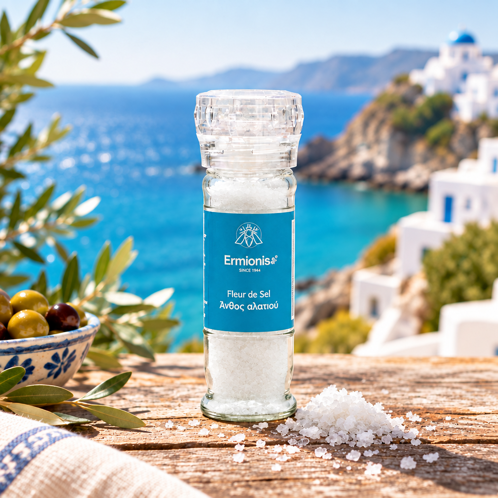 A glass bottle of Ermionis Salt stands on a rustic wooden table with coarse white salt spilled around its base. The background shows a sunny coastal scene with turquoise water, white buildings, and greenery, making this a lifestyle shot.