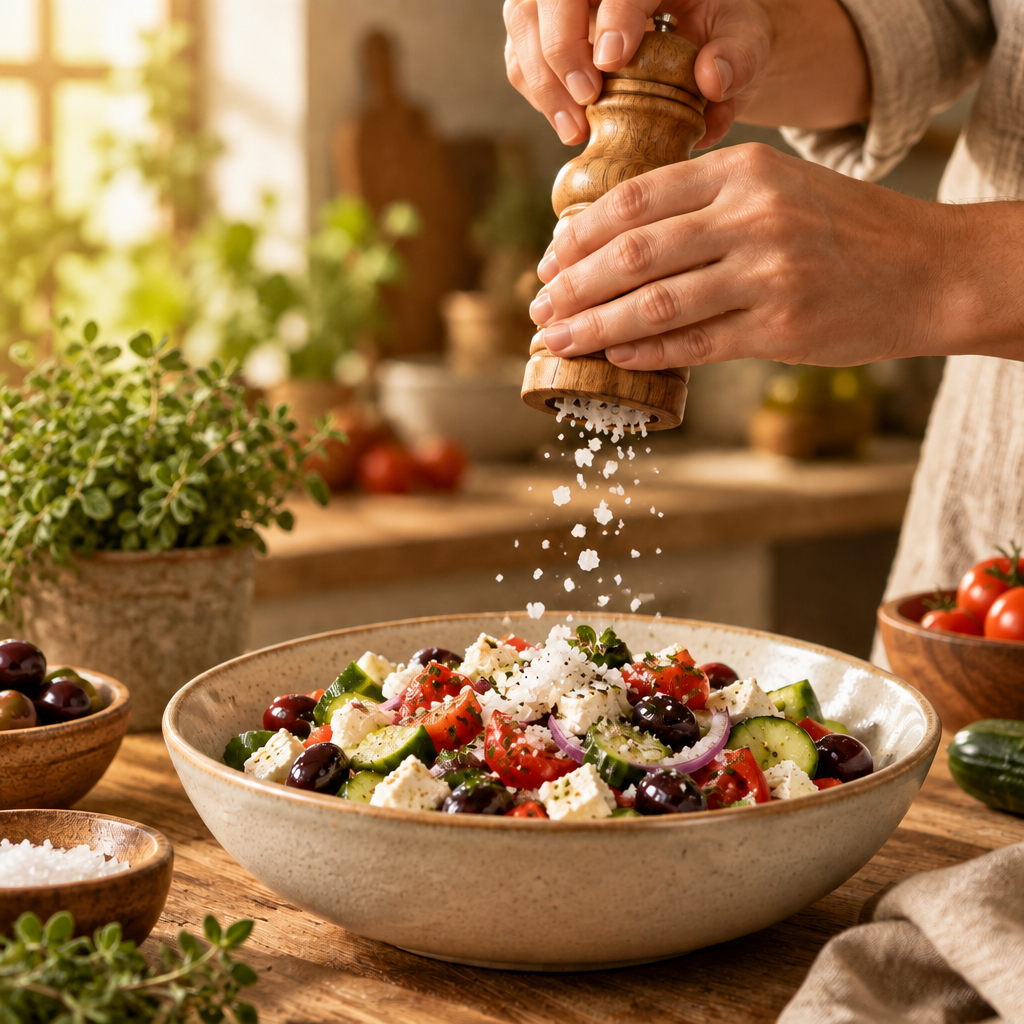 A close-up of a person's hands holding a wooden pepper mill and sprinkling coarse sea salt over a fresh Greek salad in a ceramic bowl on a wooden table.