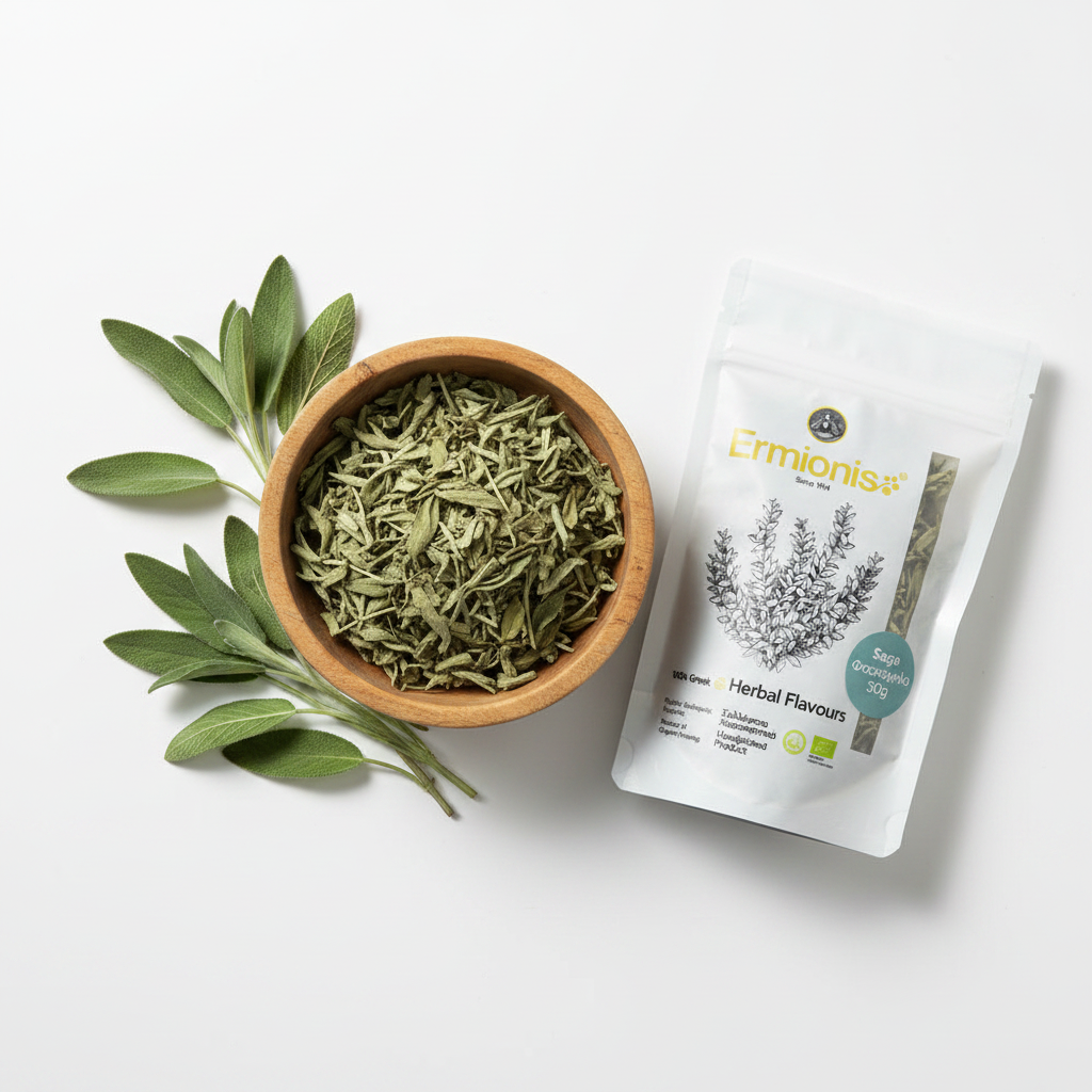 A white stand-up pouch of Ermionis Sage Herbs 30g, shown next to a small wooden bowl filled with dried green sage herbs and fresh sage leaves on a clean white background.