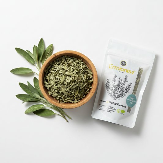 A white stand-up pouch of Ermionis Sage Herbs 30g, shown next to a small wooden bowl filled with dried green sage herbs and fresh sage leaves on a clean white background.
