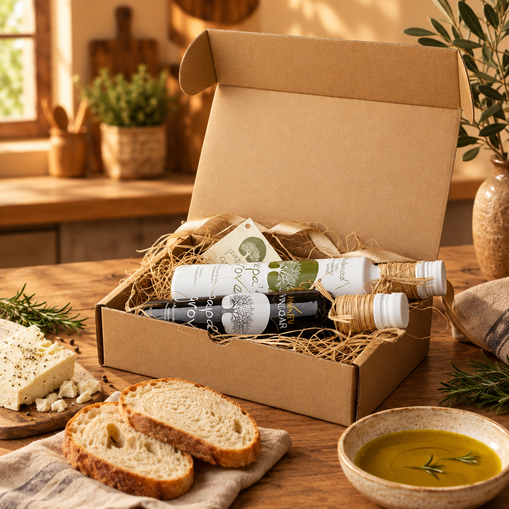 An open kraft gift box filled with artisanal food items, including a bottle of olive oil and a bottle of honey vinegar lying on a bed of twine, set on a wooden table with bread, cheese, olive oil, and herbs in a warm kitchen setting.