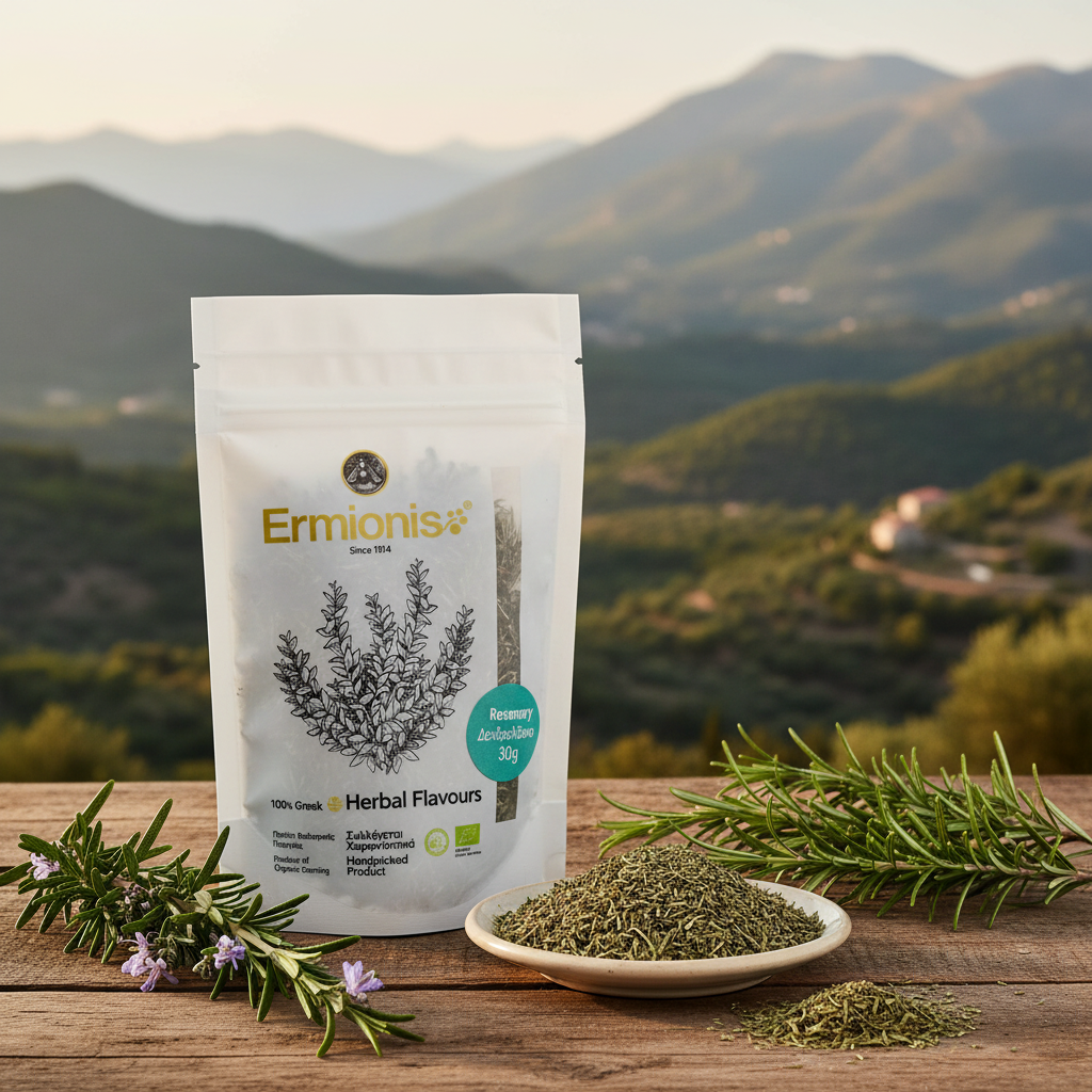 A stand-up pouch of Ermionis Organic Rosemary Herbs sits on a wooden table with a small dish of dried rosemary and loose herb pieces in front of a blurred mountain landscape.
