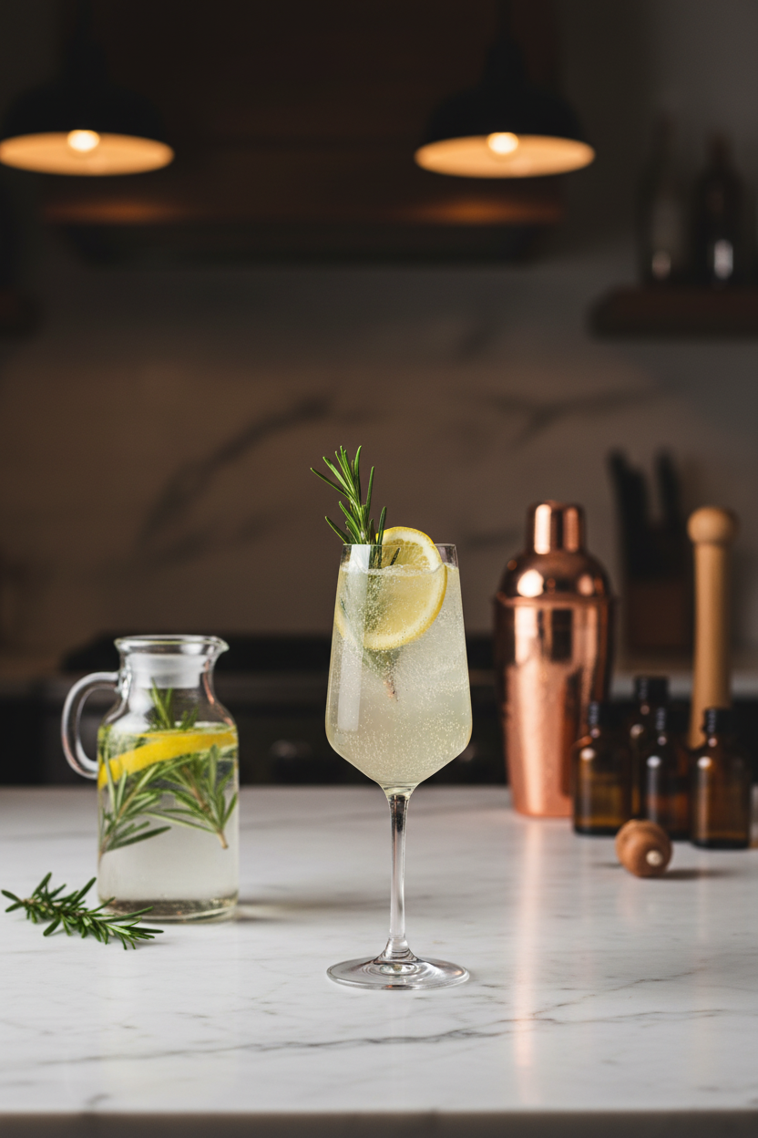 A clear stemmed glass filled with a pale golden beverage and garnished with a lemon wheel and rosemary sprig, set on a white marble countertop in a kitchen. A small glass carafe with lemon and rosemary sits to the left, with copper and dark glass bar accessories blurred in the background.
