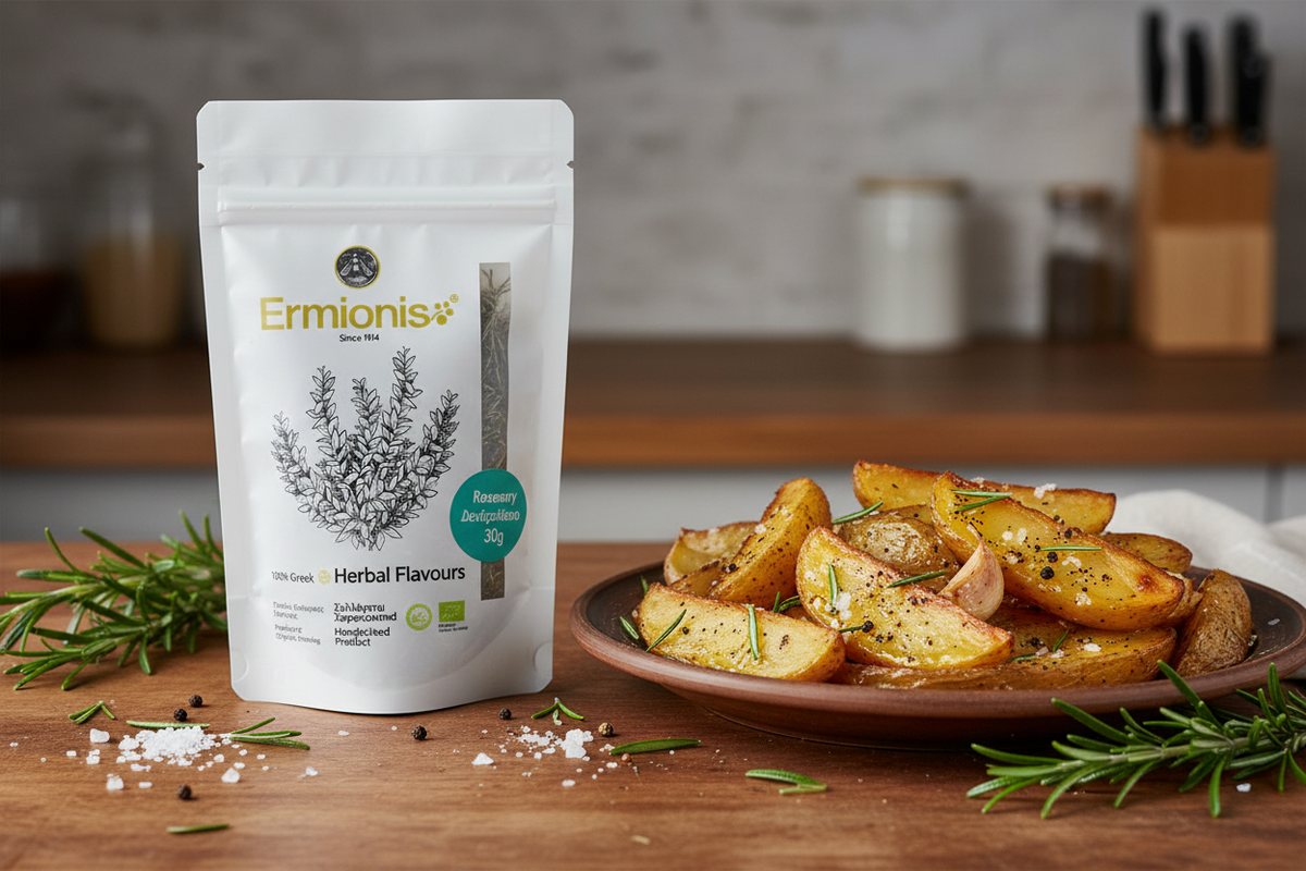 A stand-up pouch of Ermionis Rosemary Herbs stands on a wooden countertop beside a plate of roasted potato wedges with rosemary, salt, and peppercorns, with a softly blurred kitchen background.