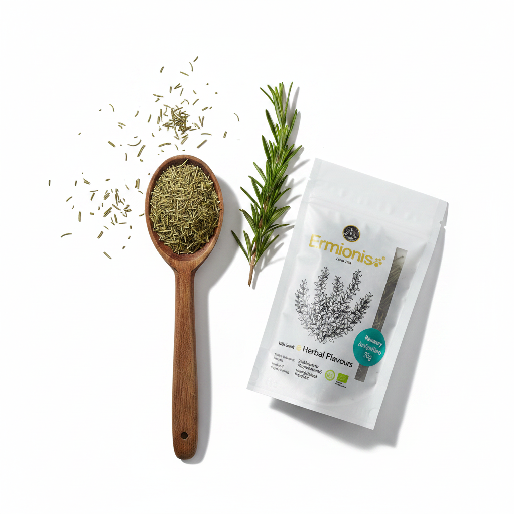 A white pouch of Ermionis Rosemary Herbs, 30g,  next to a wooden spoon filled with dried green rosemary herbs and a fresh rosemary sprig, arranged on a clean white background.