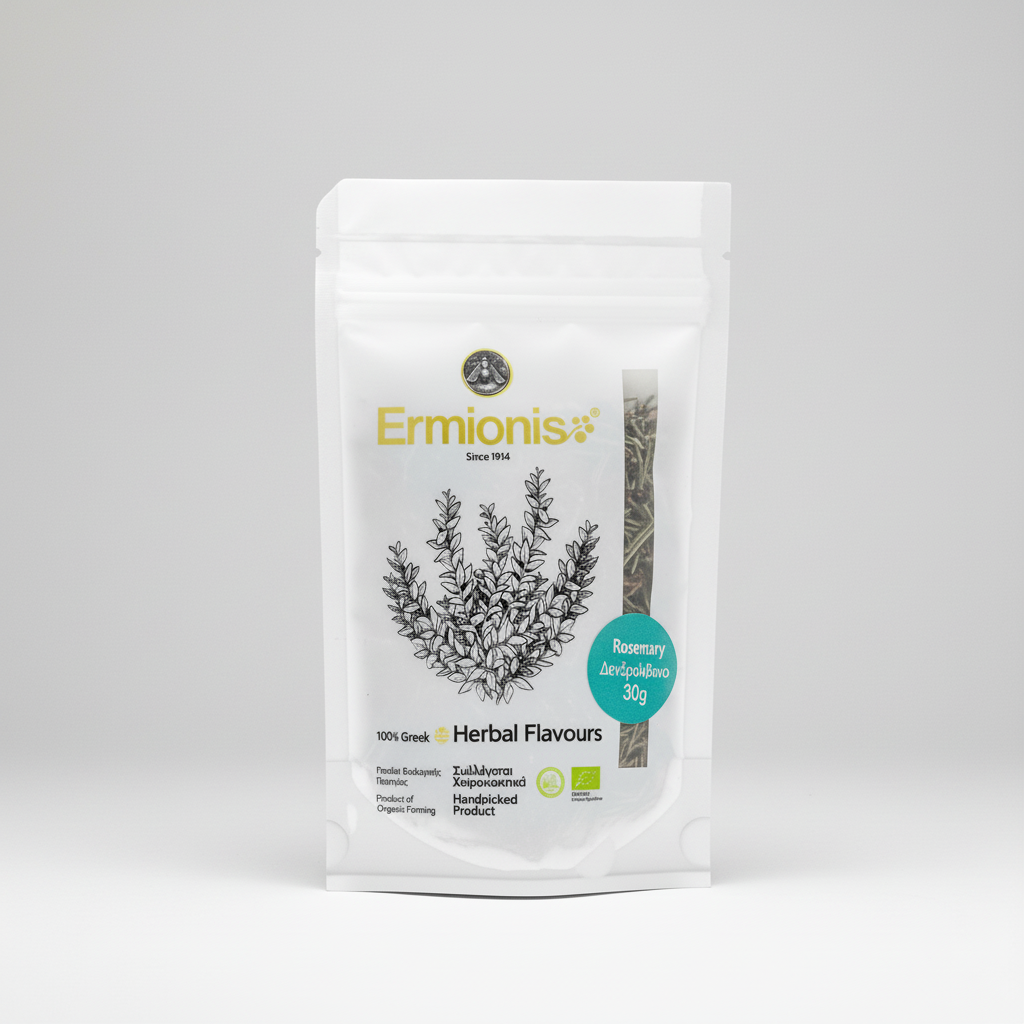 A white stand-up pouch of Ermionis Rosemary Herbs, 30g, featuring a black line drawing of rosemary and a teal circular badge, set against a light gray studio background.