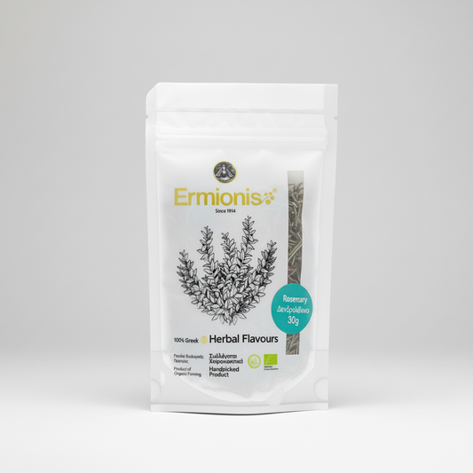 A white stand-up pouch of Ermionis Rosemary Herbs, 30g, featuring a black line drawing of rosemary and a teal circular badge, set against a light gray studio background.
