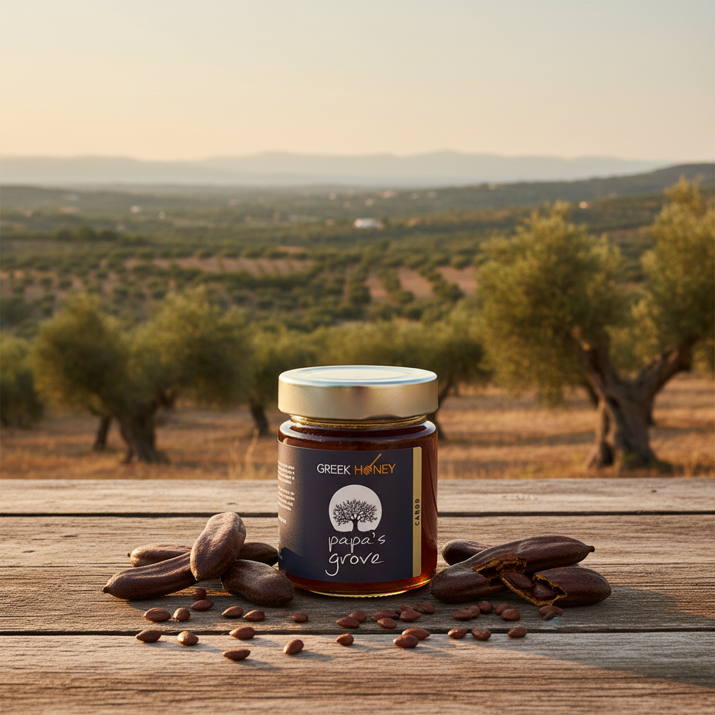 A jar of Greek Carob Honey 'Papa's Grove' sits on a rustic wooden table, surrounded by carob bean pods, with a scenic olive grove landscape in the background at sunset.