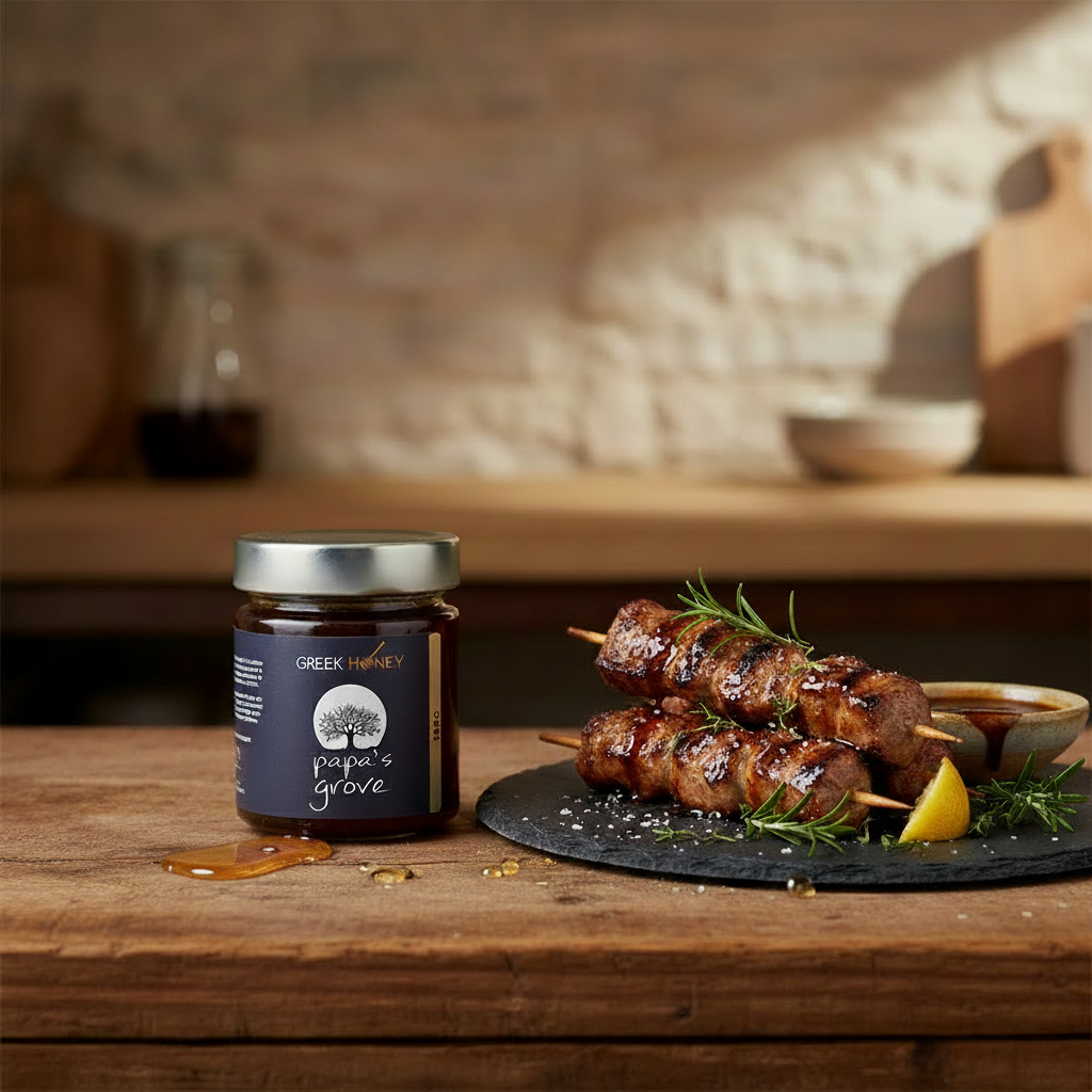 A jar of Greek carob Honey on a rustic wooden table next to grilled meat skewers on a dark slate platter with rosemary and a lemon wedge, against a warm blurred kitchen background.