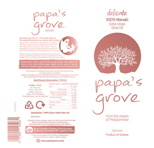Papa's Grove olive oil label with tree design and text on a white background