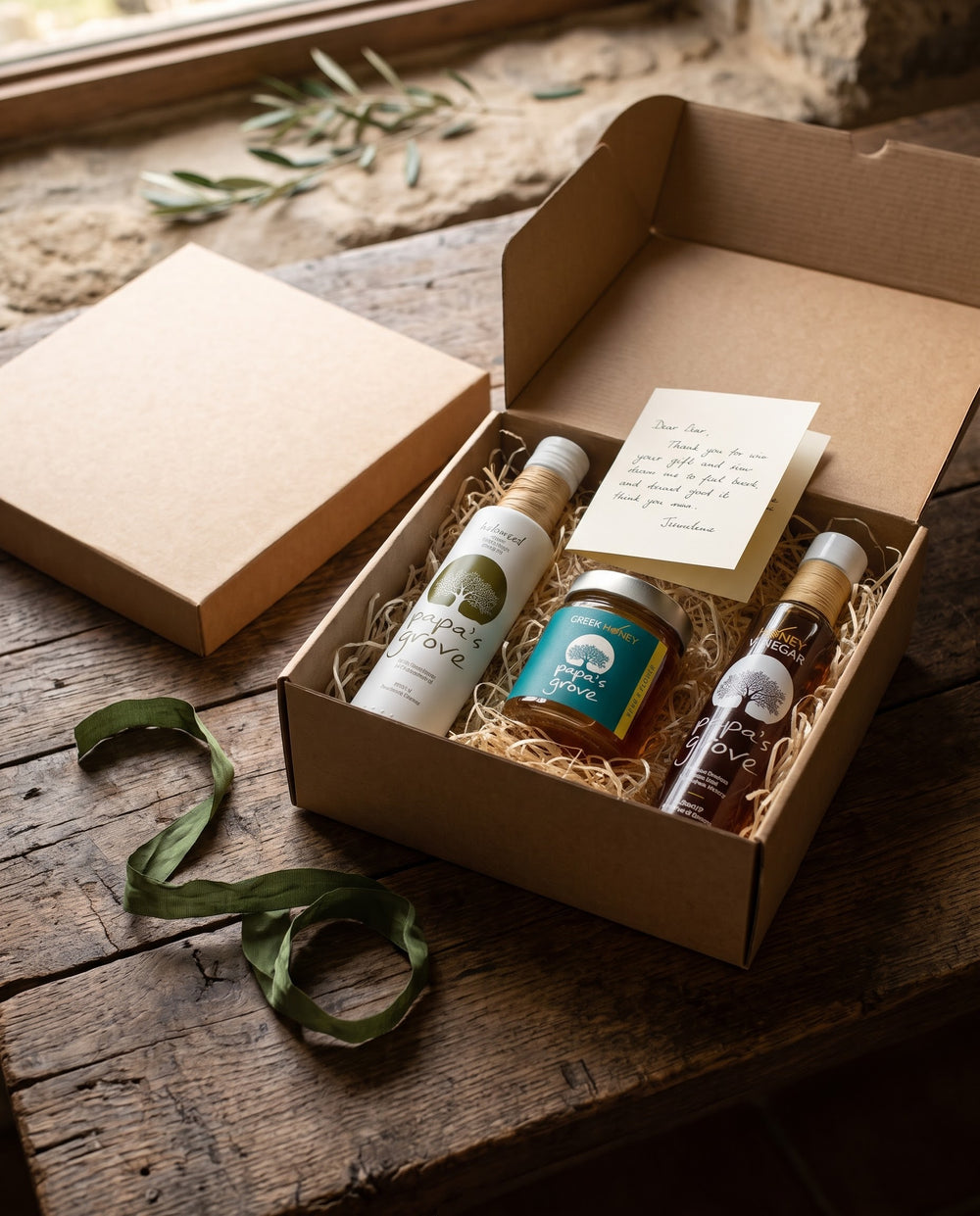 Papa's Grove extra virgin olive oil, honey, and honey vinegar styled in a craft giftbox, with t handwritten card on a wooden table in a rustic setting.