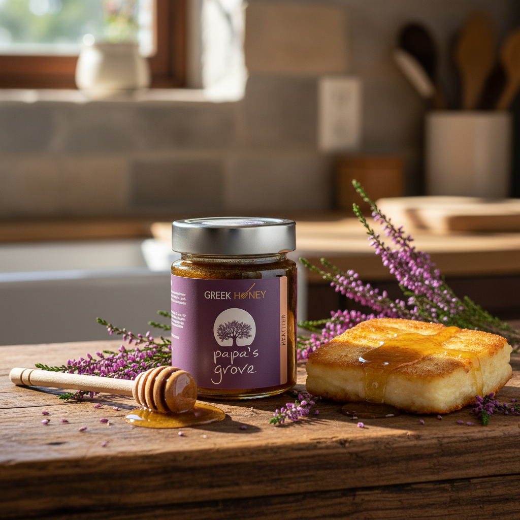 A jar of Greek Heather Honey by 'papa's grove' sits on a rustic wooden table in a kitchen setting, surrounded by a slice of golden toasted bread with honey drizzle, a wooden honey dipper, and purple heather flowers.