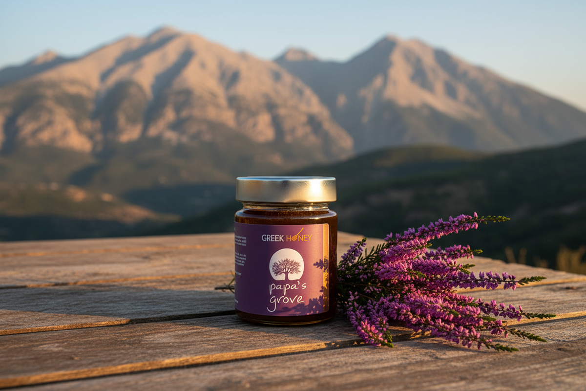 A jar of Greek Heather 'Papa's Grave' honey sits on a rustic wooden table next to a sprig of purple heather, with a majestic mountain range in the background during golden hour.