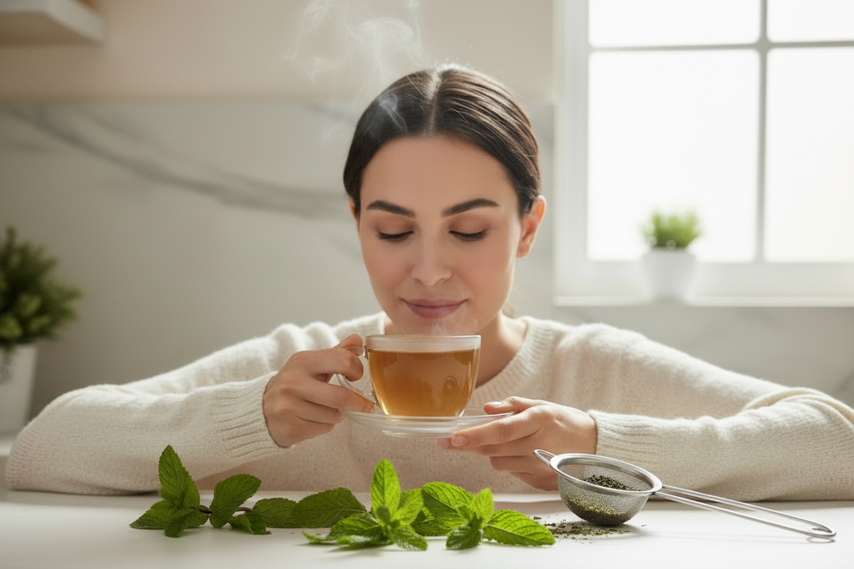 A woman in a cream knit sweater holds a steaming glass cup of tea at a kitchen table, with mint leaves and a small metal tea strainer in front of her and a bright window behind her.