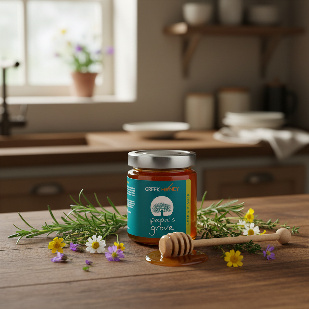 A jar of Greek Honey 'Papa's Grove' honey sits on a rustic wooden table surrounded by fresh rosemary sprigs, small wildflowers, and a wooden honey dipper with honey dripping onto the table. The background shows a softly blurred, warm kitchen setting with wooden shelves and a window.