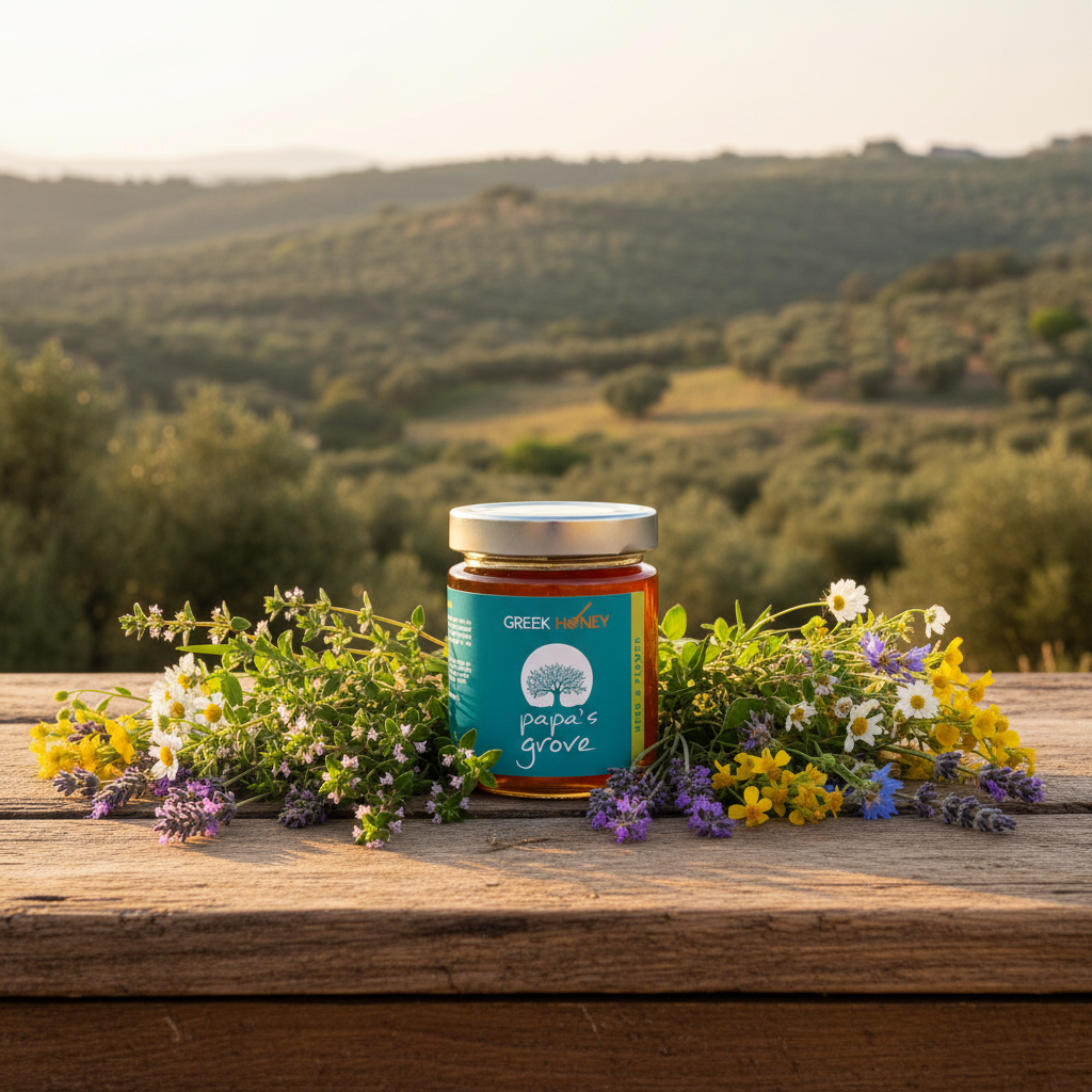 A jar of Greek Herb & Flower 'Papa's Grove' honey sits on a rustic wooden table, beautifully framed by fresh white, yellow, and purple wildflowers. The background is a soft-focus, scenic view of rolling green hills under warm sunlight.