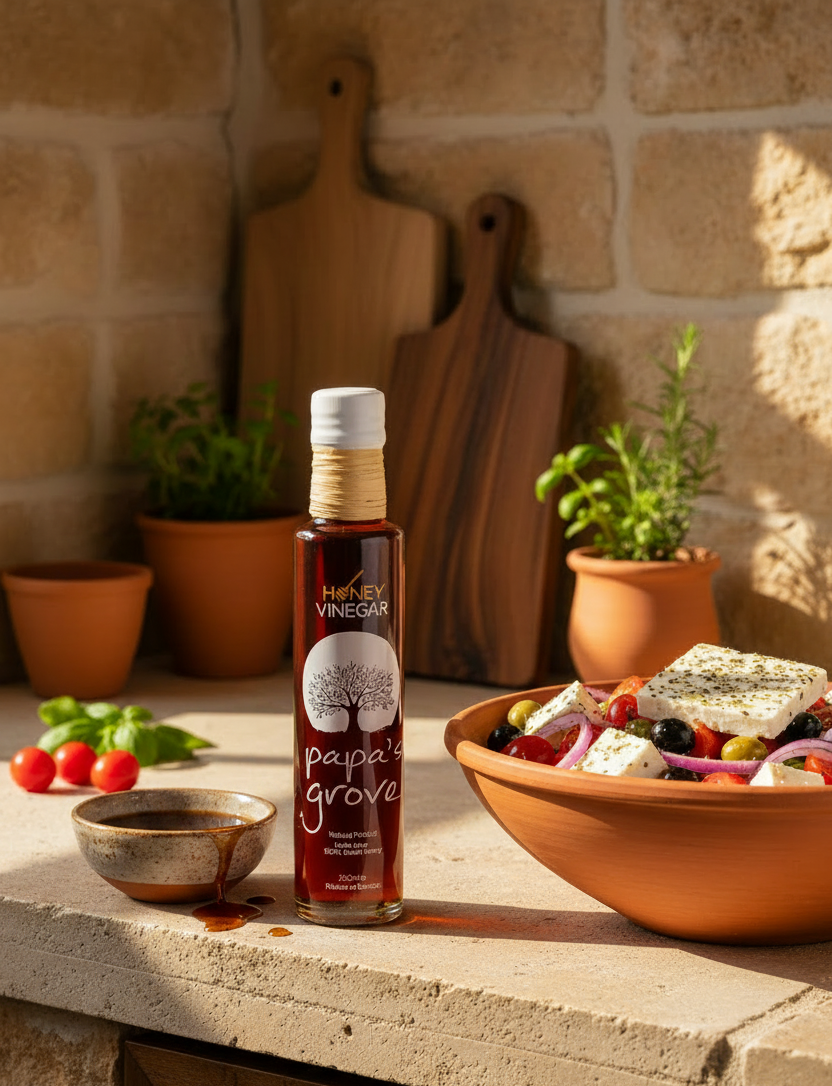 A bottle of Honey Vinegar 'Papa's Grove' is displayed on a stone countertop in a rustic kitchen setting, styled with a bowl of fresh salad, small tomatoes, and a dipping bowl.