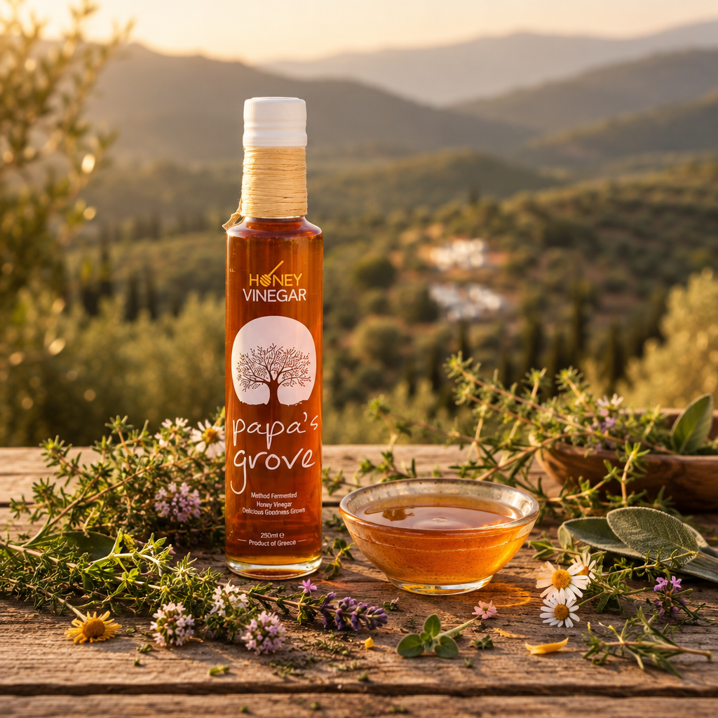 A bottle of Honey Vinegar labeled 'Papa's Grove' stands on a wooden table outdoors, surrounded by herbs and flowers, with mountains and fields in the background and a bowl of honey vinegar next to it.