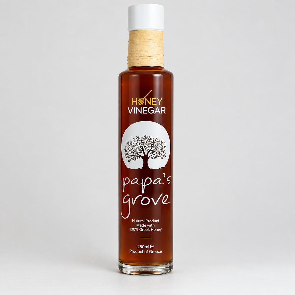 A bottle of Honey Vinegar from 'papa's grove' with a white cap and a beige paper-wrapped neck, containing dark brown liquid, set against a plain light gray background.