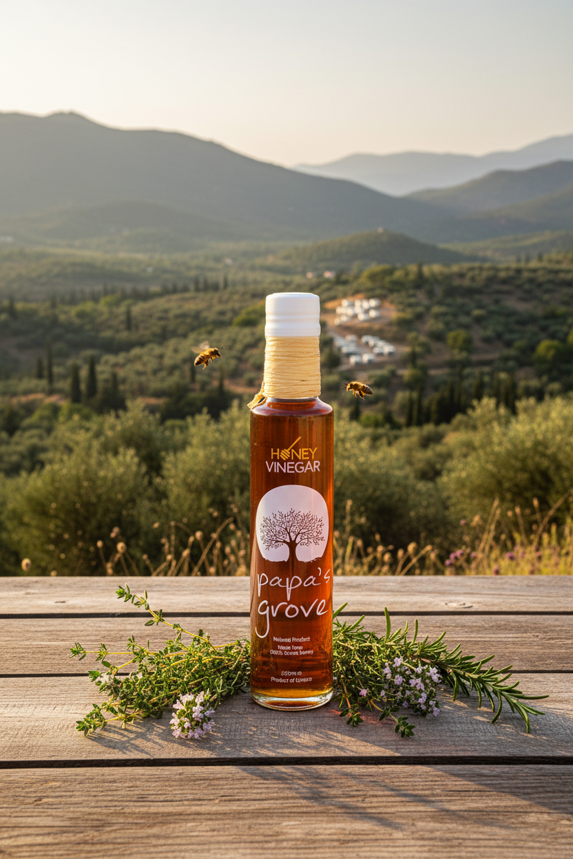 A bottle of Honey Vinegar labeled 'Papa's Grove' stands on a wooden table outdoors, surrounded by herbs and flowers, with mountains and fields in the background and bees flying nearby.