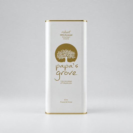 A tall, rectangular white metal tin with gold trim, featuring the word 'robust' and product name 'papa's grove' with a gold tree logo, set against a light gray studio background.