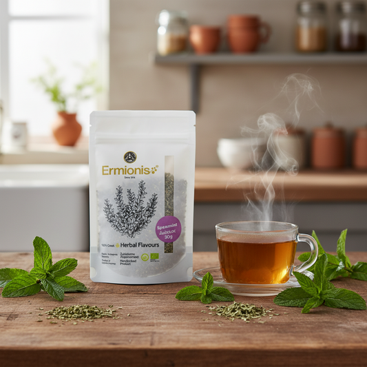 A 30g stand-up pouch of Ermionis Spearmint Organic herb sits on a wooden table beside a steaming glass cup of tea, with mint leaves and loose herbs scattered around. The background shows a softly blurred kitchen interior.