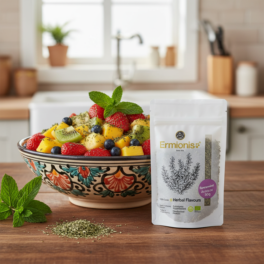 A 30g stand-up pouch of Ermionis Spearmint Organic herb stands on a wooden table next to a bowl of fresh fruit salad with mint, with a blurred kitchen background.