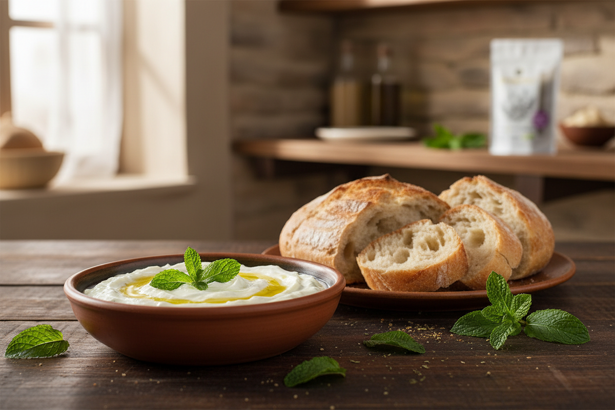 A bowl of creamy white dip with a drizzle of olive oil and mint garnish sits on a wooden table beside sliced rustic bread on a plate, with a softly blurred kitchen background and a small product package in the distance.