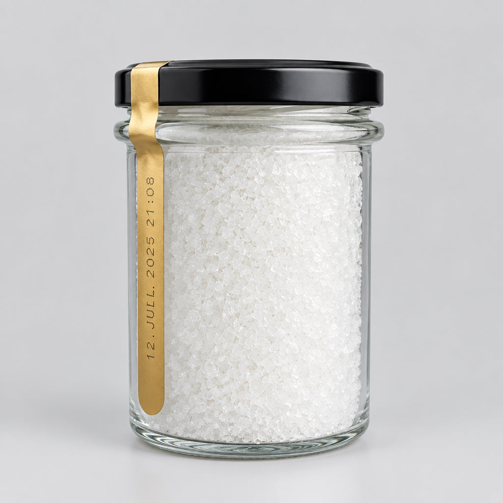A clear glass jar filled with salt flakes sealed with a black lid and a gold foil label, in a light grey background