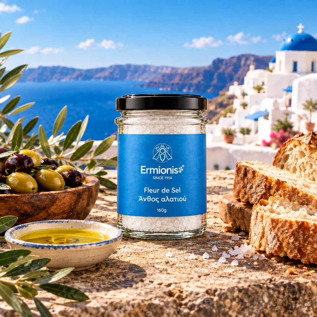 A jar of Ermionisf Fleur de Sel sea salt is displayed on a stone surface with a scenic Greek island background featuring white buildings, blue domes, and the sea. The jar is surrounded by fresh ingredients including sliced bread, green olives, and a small bowl of olive oil.