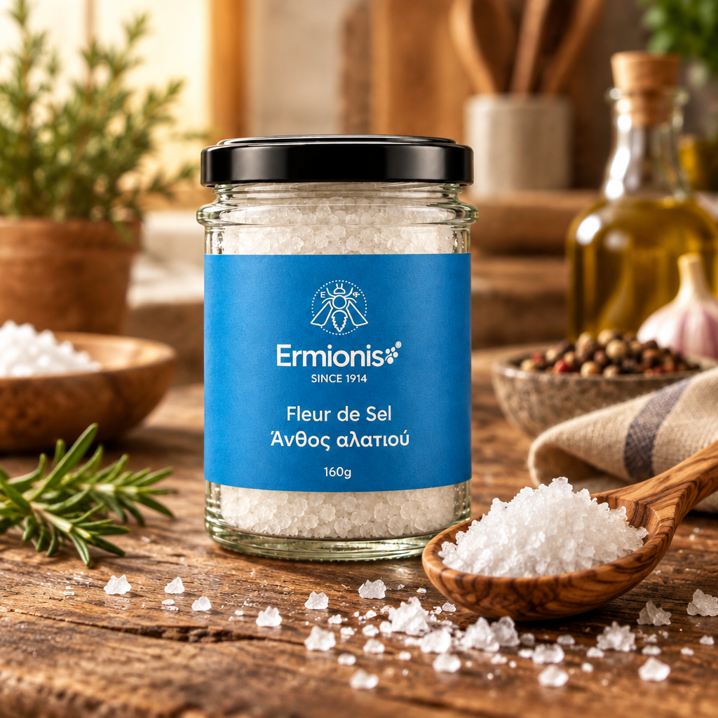 A glass jar of Ermionis Fleur de Sel sea salt with a blue label and black lid, set on a rustic wooden table with a wooden spoon of salt, bowls of ingredients, and a blurred kitchen background.