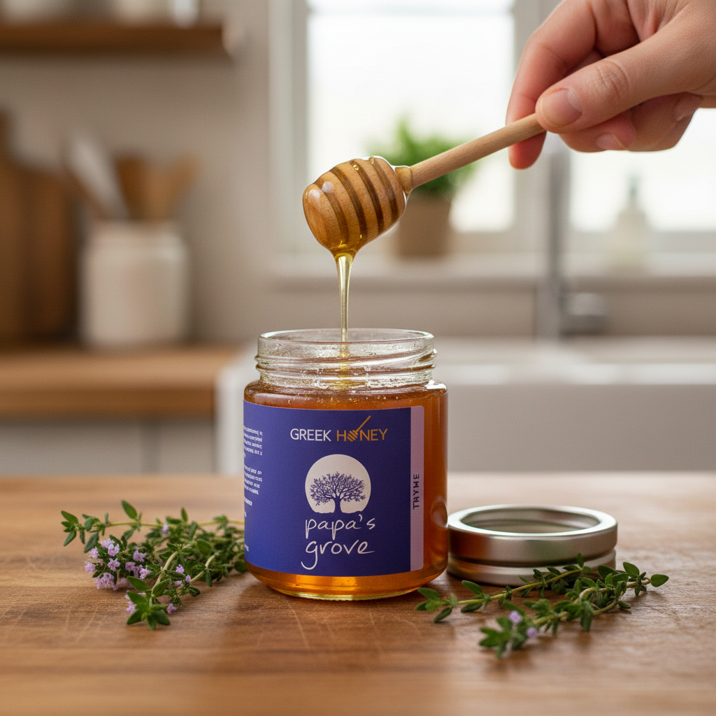 A glass jar of Greek Honey from Papa's Grove sits on a wooden table with a hand holding a wooden honey dipper above it. Fresh herbs are scattered around the jar, and a blurred kitchen background is visible behind it.