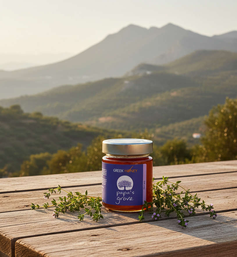 A glass jar of thyme Papa's Grove honey with a purple label and gold lid, placed on a rustic wooden table with fresh thyme sprigs, set against a scenic background of green hills and mountains at sunset.