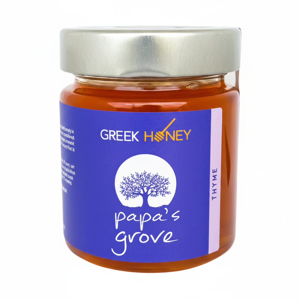 A jar of Greek Honey 'Papa's Grove' Thyme honey with a purple label and silver lid, set against a plain white background.