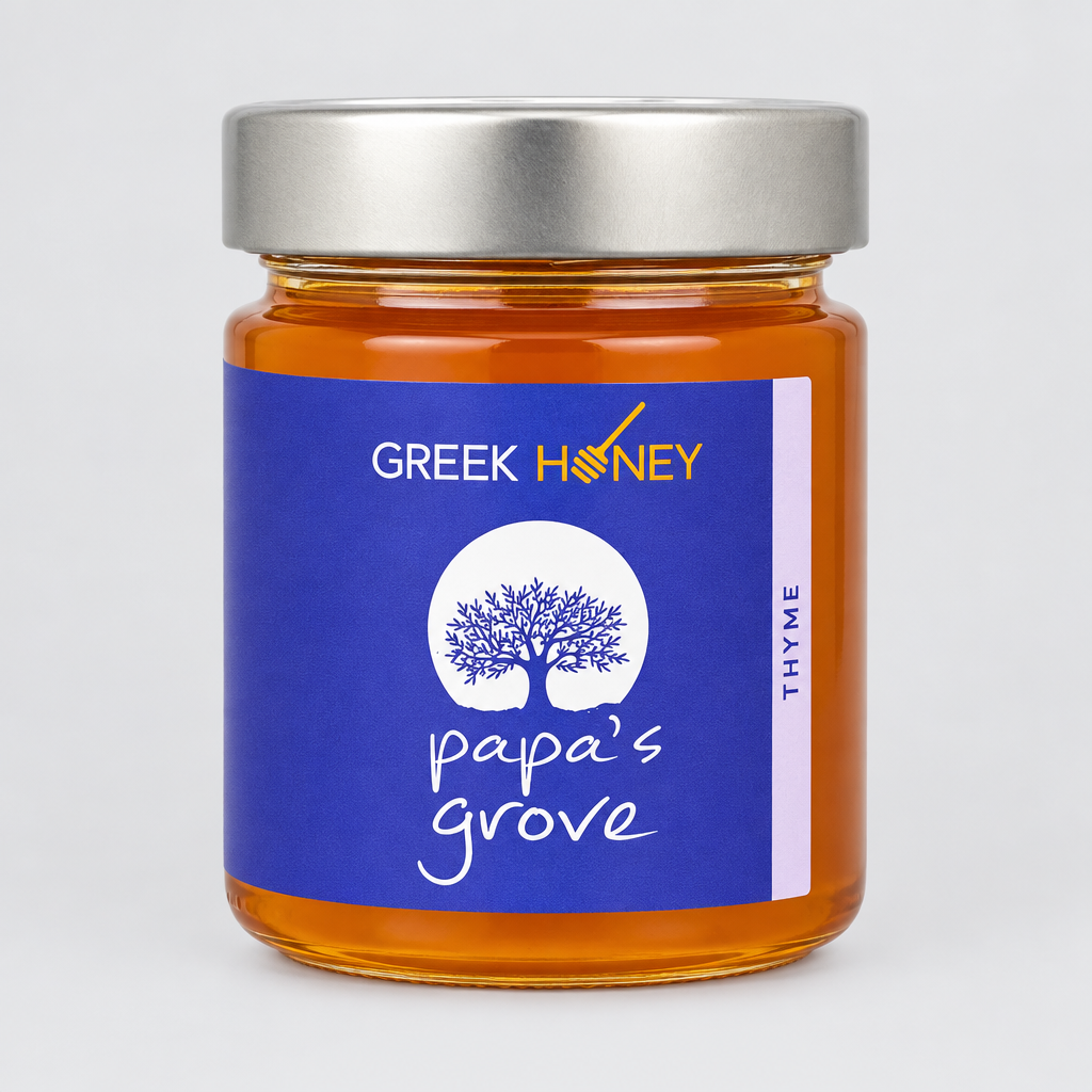 A close up jar of Greek Honey 'papa's grove' Thyme honey with a purple label and silver lid, set against a light gray background.