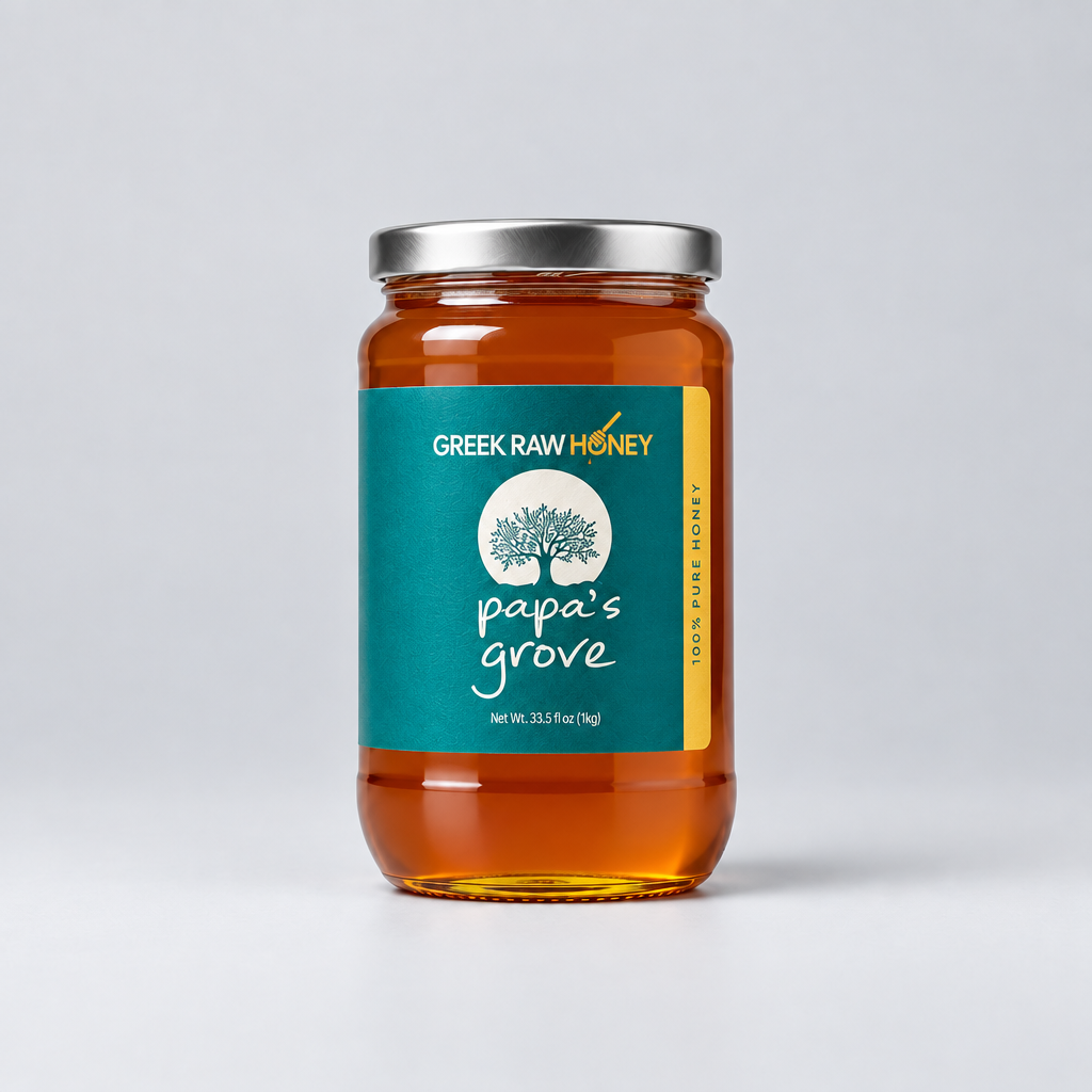 A 940g glass jar of Greek Herb & Flower  Raw Honey from Papa's Grove, filled with golden amber honey and featuring a teal label with a tree logo and a silver metal lid, set against a neutral light gray background.