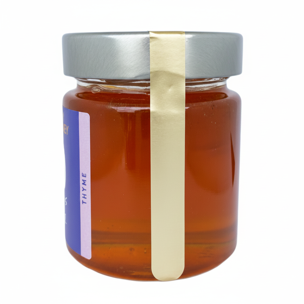 A glass jar of honey with a silver metal lid and a vertical cream-colored paper band around the neck. The honey is a rich amber-brown color, and a purple label on the side reads 'THYME'.