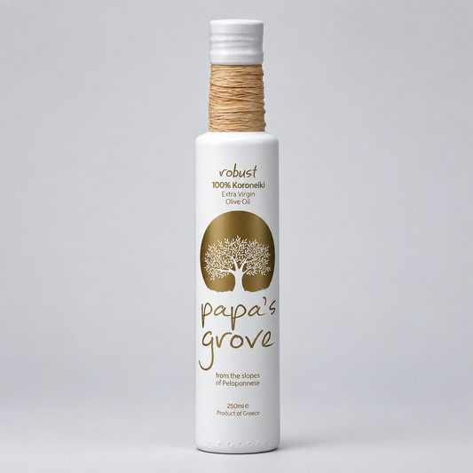 A white bottle of Robust Papa's Grove extra virgin olive oil with a textured beige neck wrap and a gold tree logo, centered on a light gray background.
