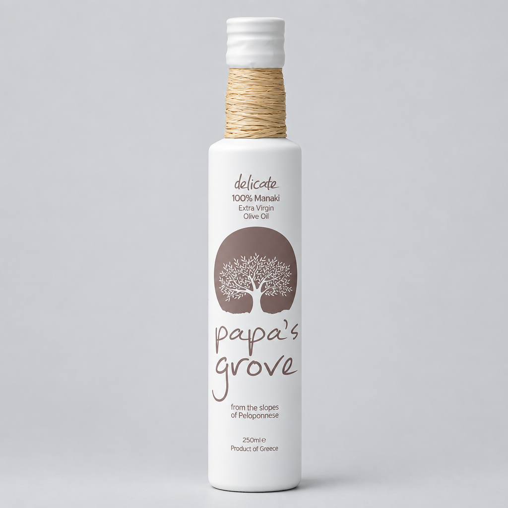 Bottle of Delicate 100% Manaki Papa's Grove olive oil on a light grey background