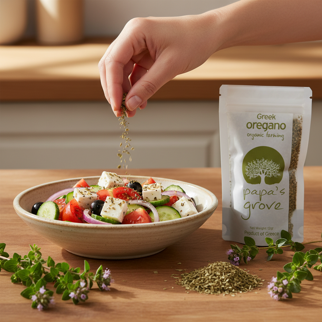 A hand sprinkles dried oregano leaves over a Greek salad in a beige bowl, with a stand-up pouch labeled 'Greek oregano Organic farming' by 'papa's grove' and loose oregano sprigs on a wooden table.